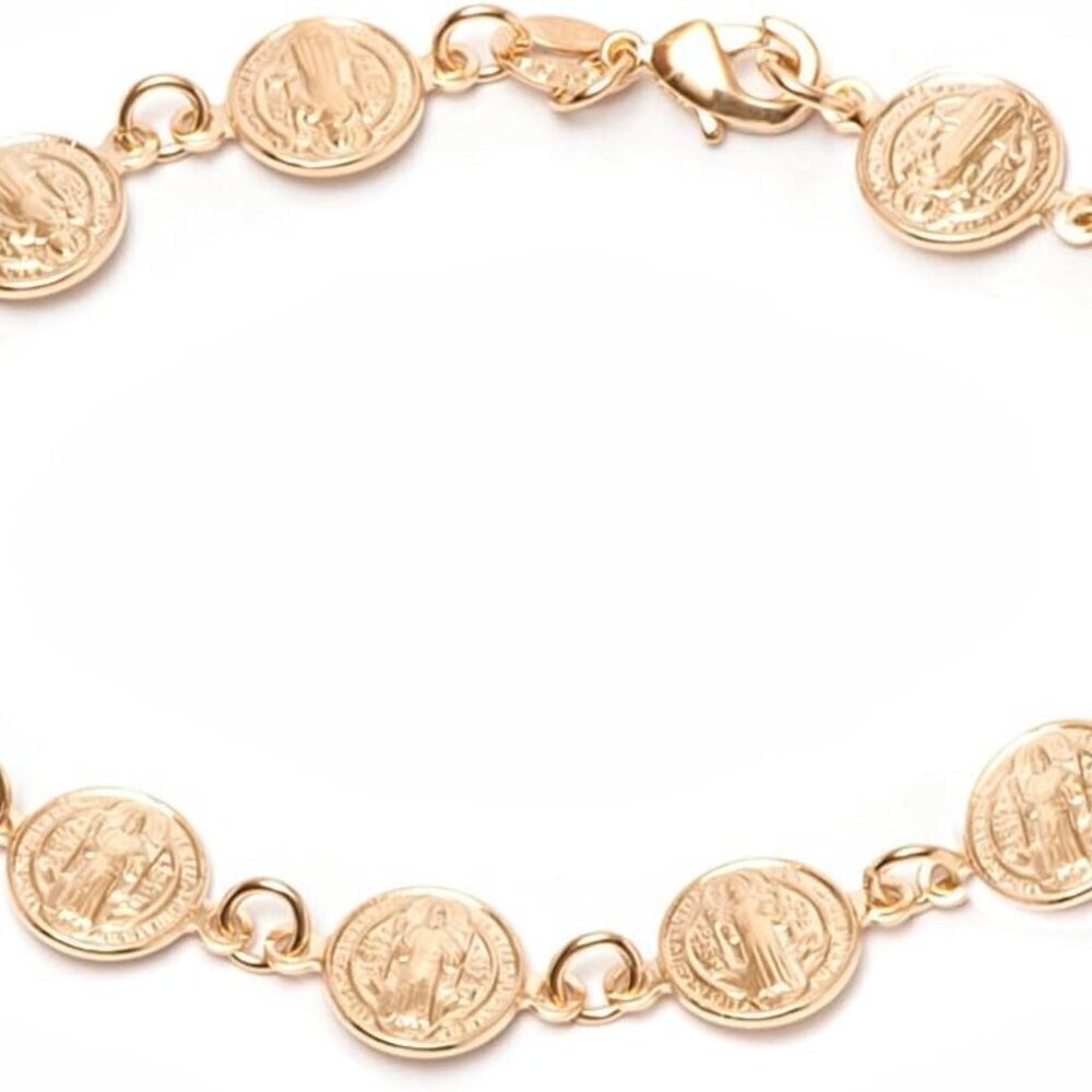 Gold Plated Religious Bracelet with Saint Benedict Coins 7.5 Inches Women's Jewe
